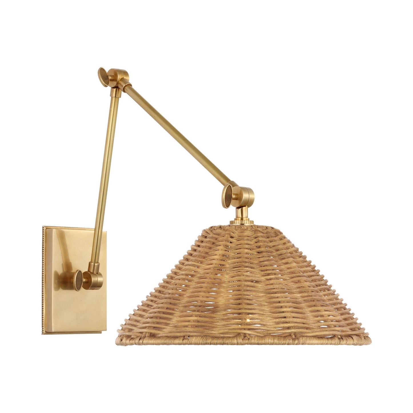 Wimberley Swing Arm Wall Light in Soft Brass/Natural Wicker.
