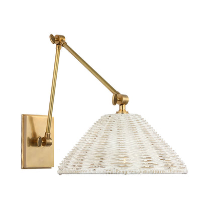 Wimberley Swing Arm Wall Light in Soft Brass/White Wicker.