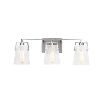 Crofton Bath Vanity Light in Brushed Nickel (3-Light/Clear Crackle Glass).