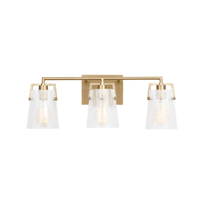 Crofton Bath Vanity Light in Satin Brass (3-Light/Clear Crackle Glass).