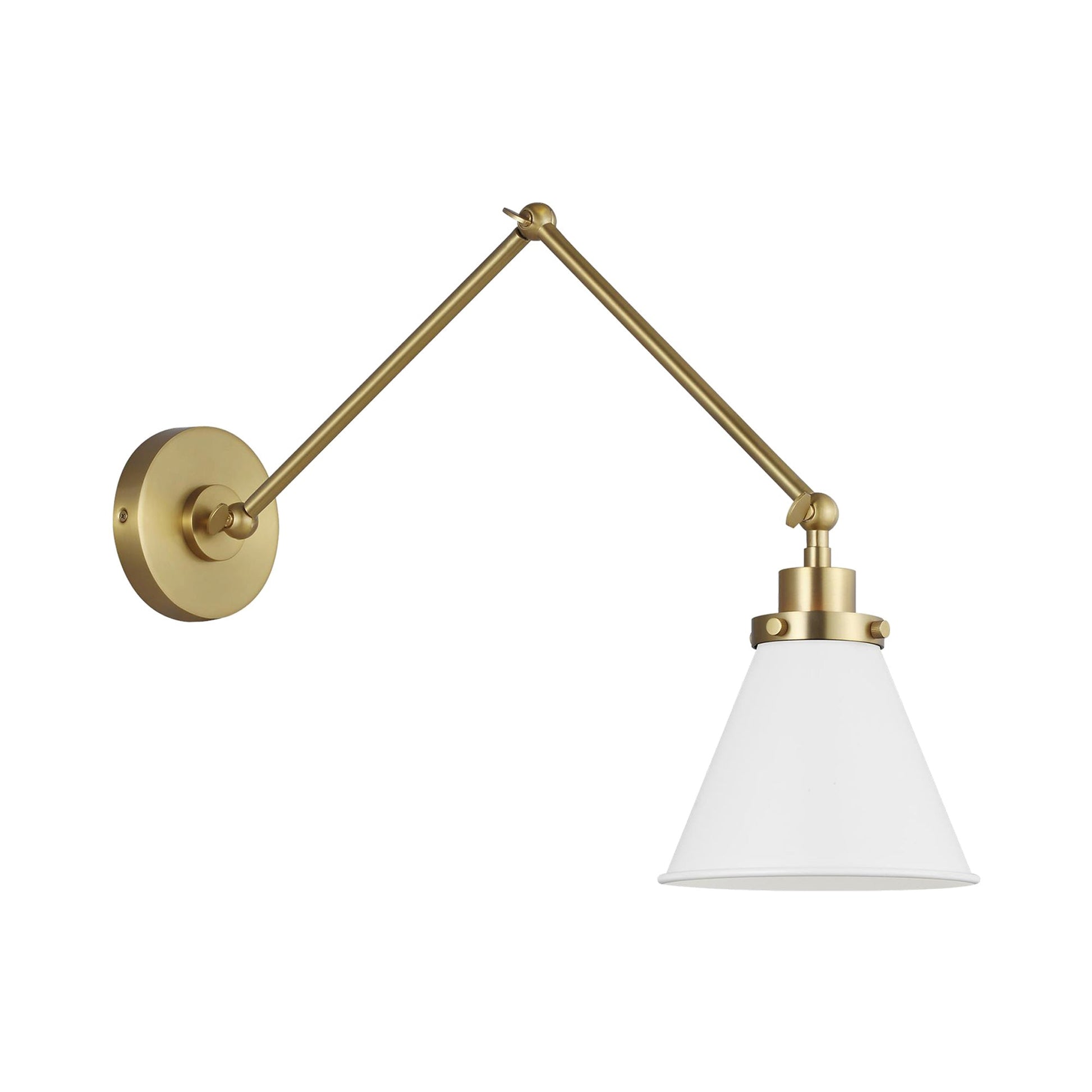 Wellfleet Adjustable Cone Wall Light in Matte White/Burnished Brass.