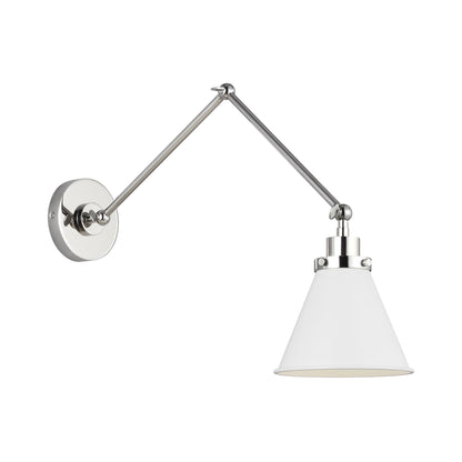 Wellfleet Adjustable Cone Wall Light in Matte White/Polished Nickel.