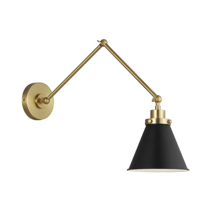 Wellfleet Adjustable Cone Wall Light in Midnight Black/Burnished Brass.