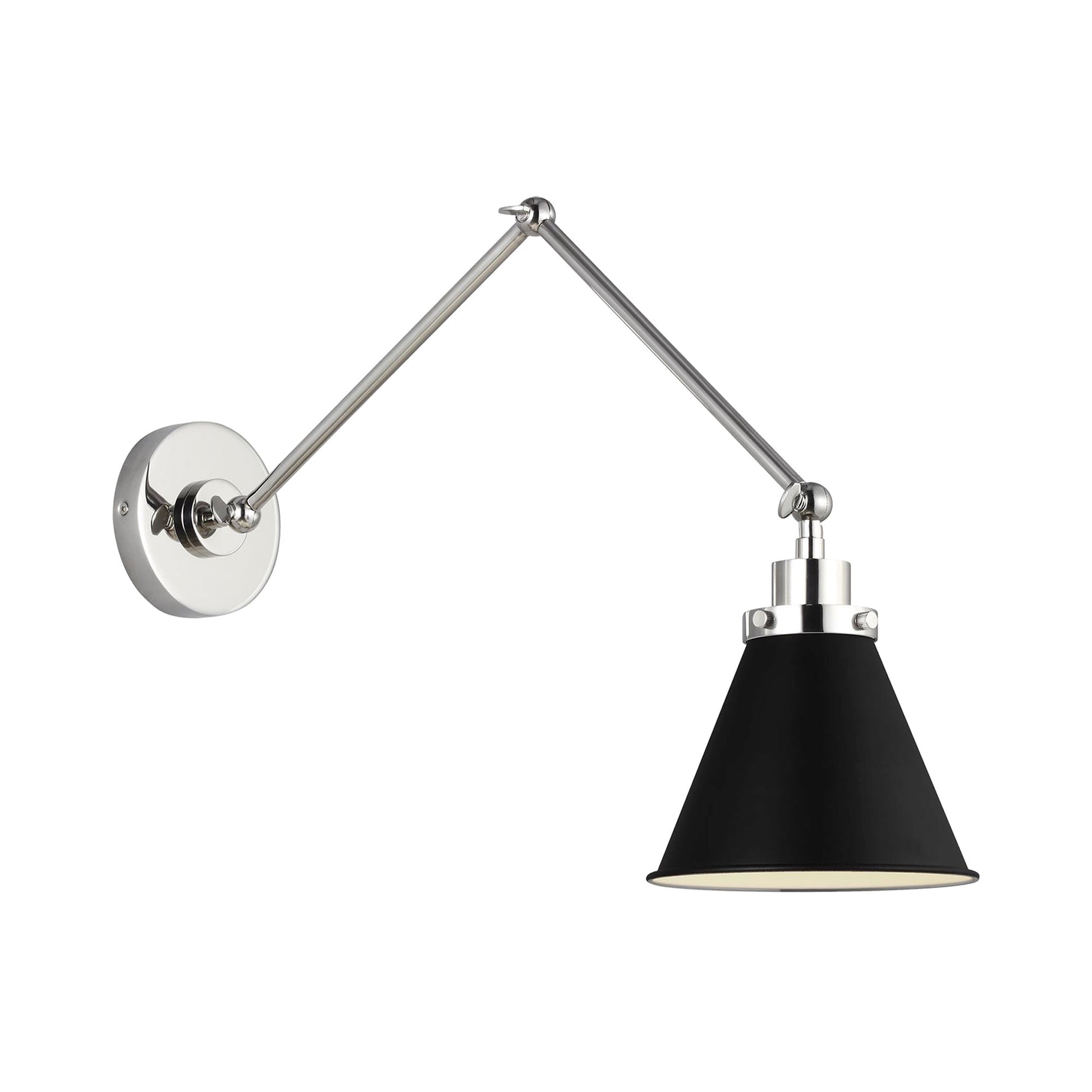 Wellfleet Adjustable Cone Wall Light in Midnight Black/Polished Nickel.