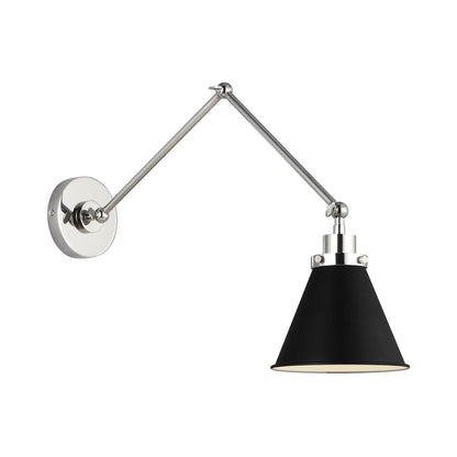 Wellfleet Adjustable Cone Wall Light in Midnight Black/Polished Nickel.