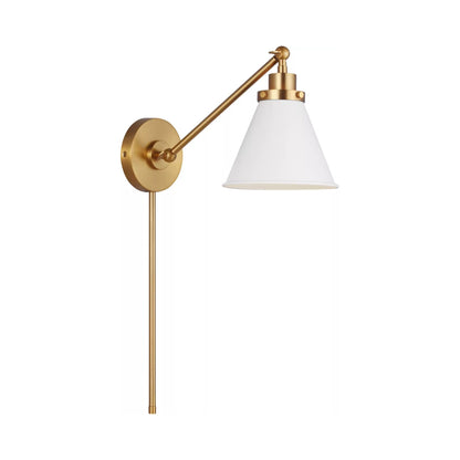 Wellfleet Cone Wall Light in Burnished Brass/Matte White.