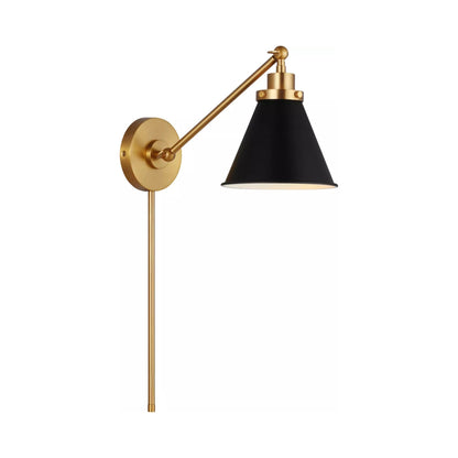 Wellfleet Cone Wall Light in Burnished Brass/Midnight Black.