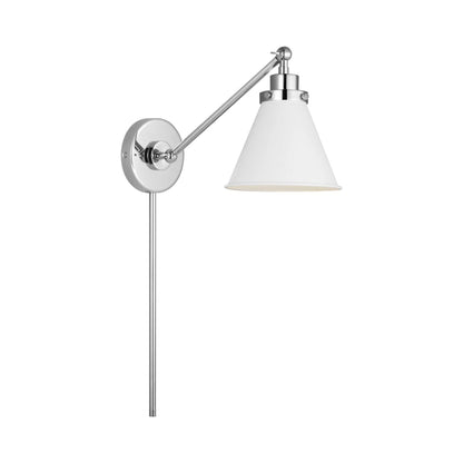 Wellfleet Cone Wall Light in Polished Nickel/Matte White.
