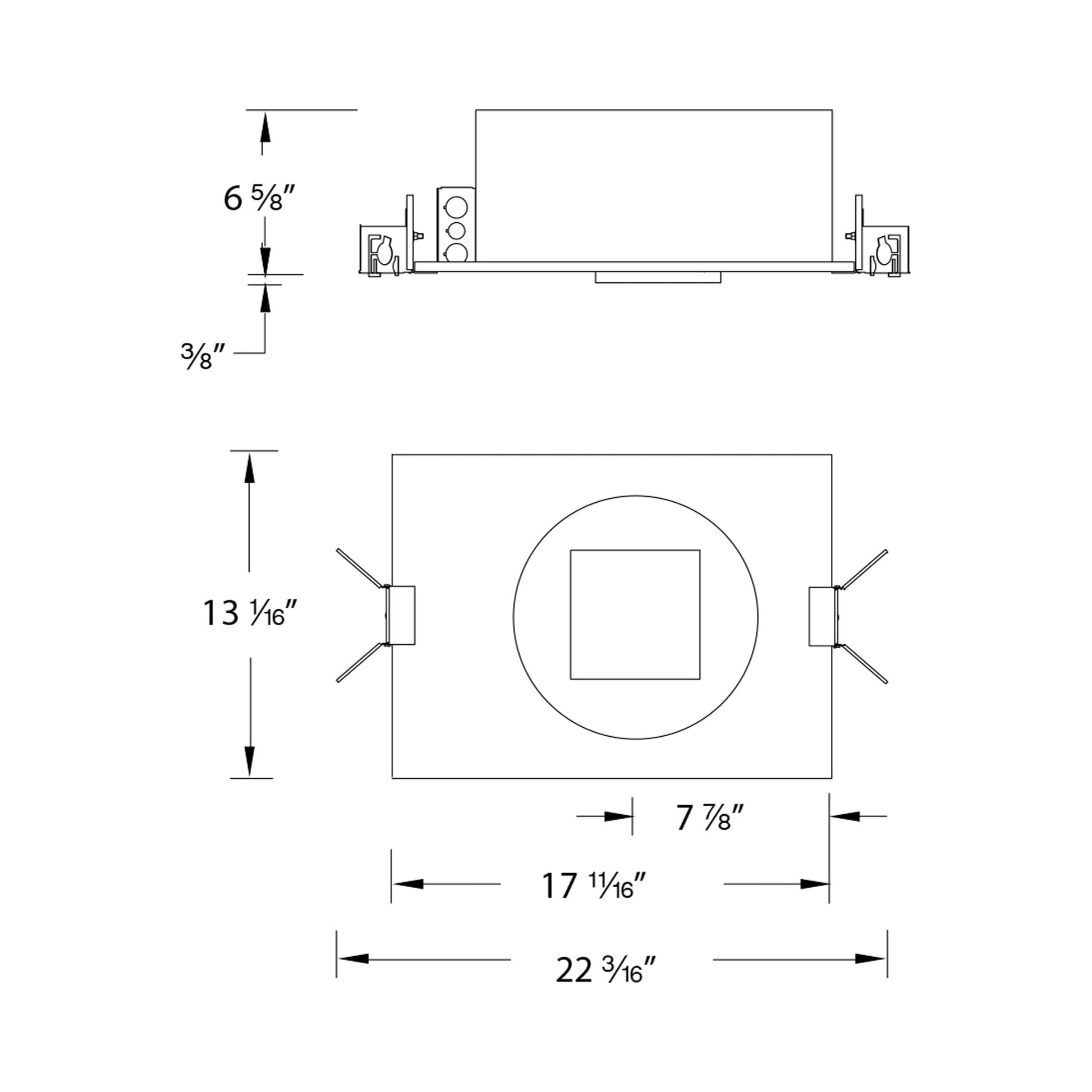 Volta 4.5 Inch Square Trimless New Construction Recessed Housing - line drawing.