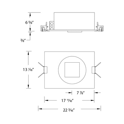Volta 4.5 Inch Square Trimless New Construction Recessed Housing - line drawing.