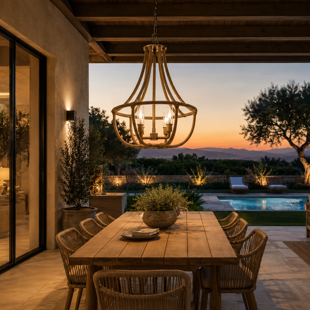 Outdoor Chandelier Above Outdoor Dining Table