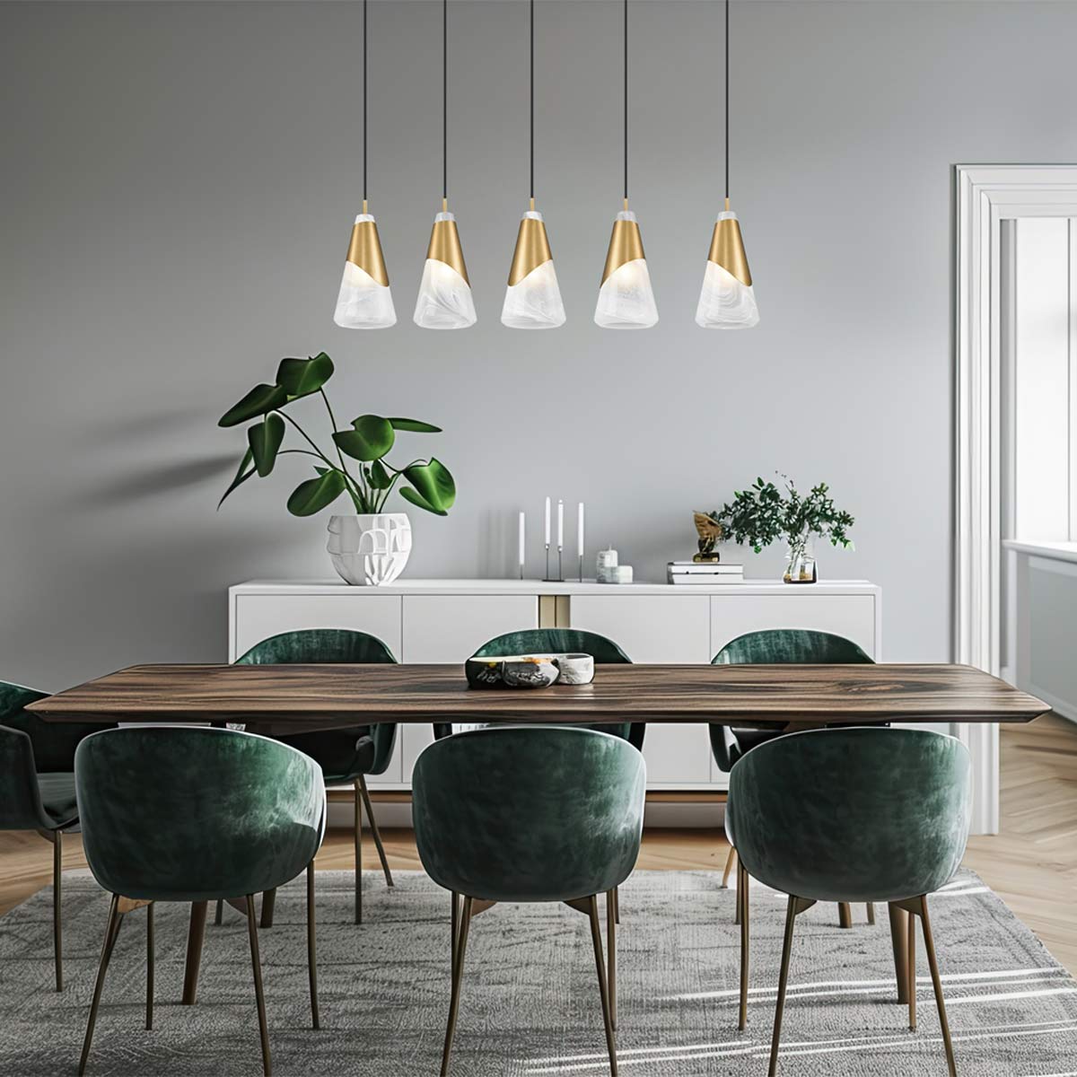 Aimie Linear Chandelier in dining room.
