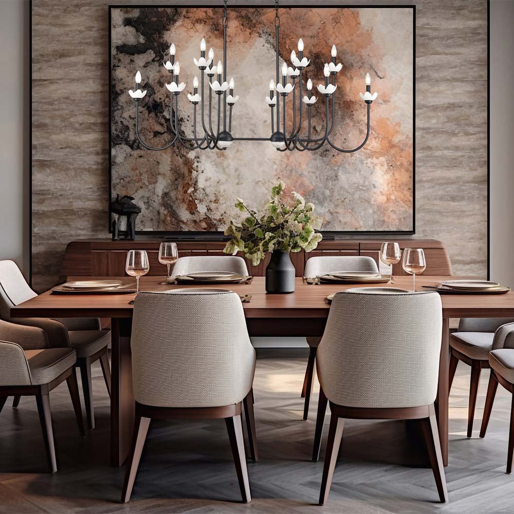 Allistair Linear Chandelier in dining room.