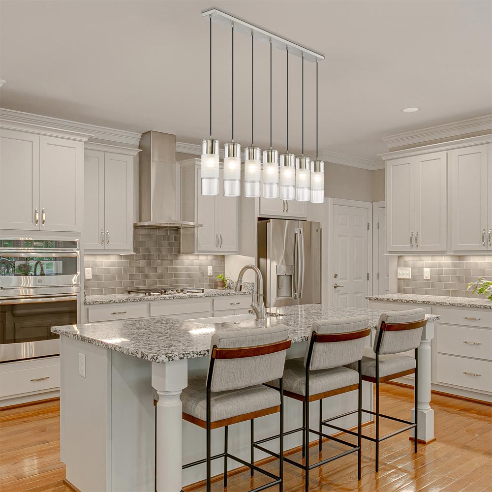 Alton Linear Chandelier in kitchen.
