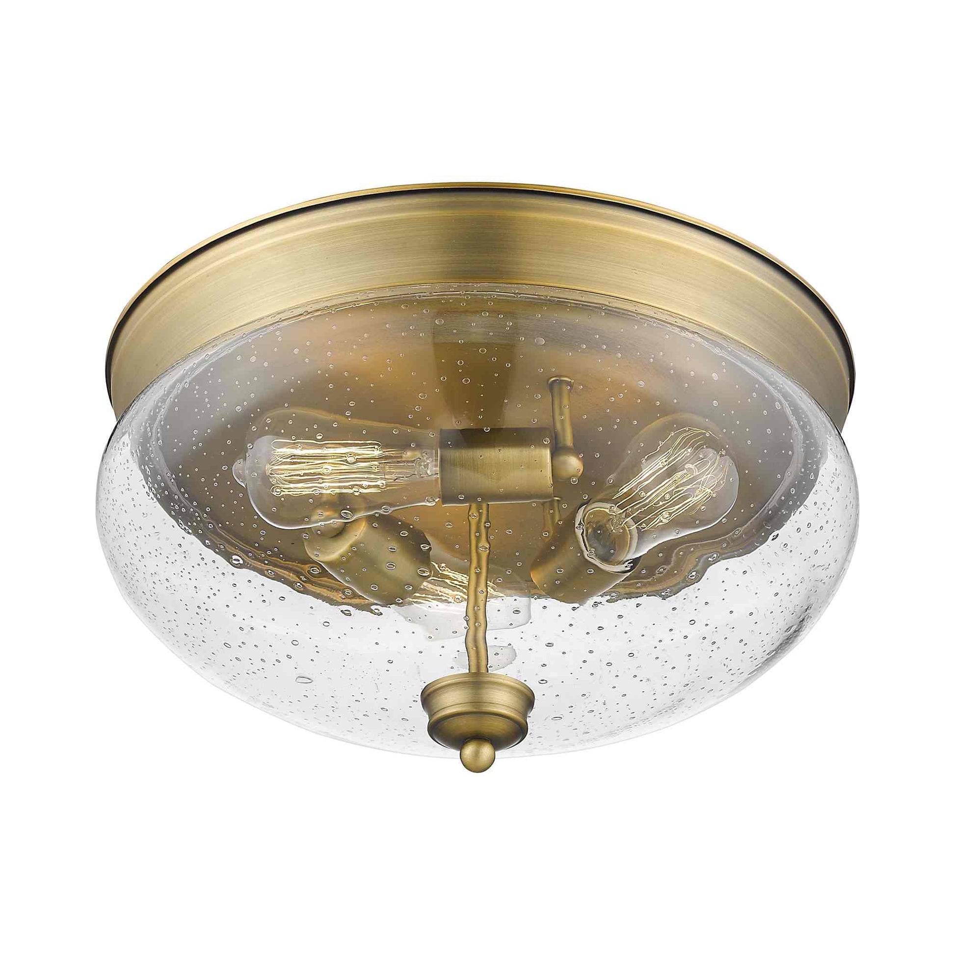 Amon Flush Mount Ceiling Light in Heritage Brass (Clear Seedy/3-Light).