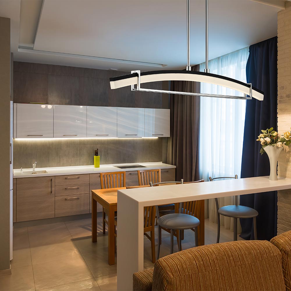 Arc Linear LED Chandelier in dining room.