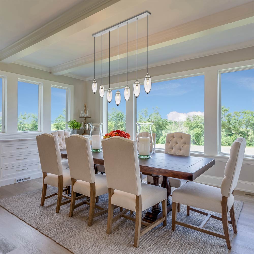 Arden Linear Chandelier in dining room.