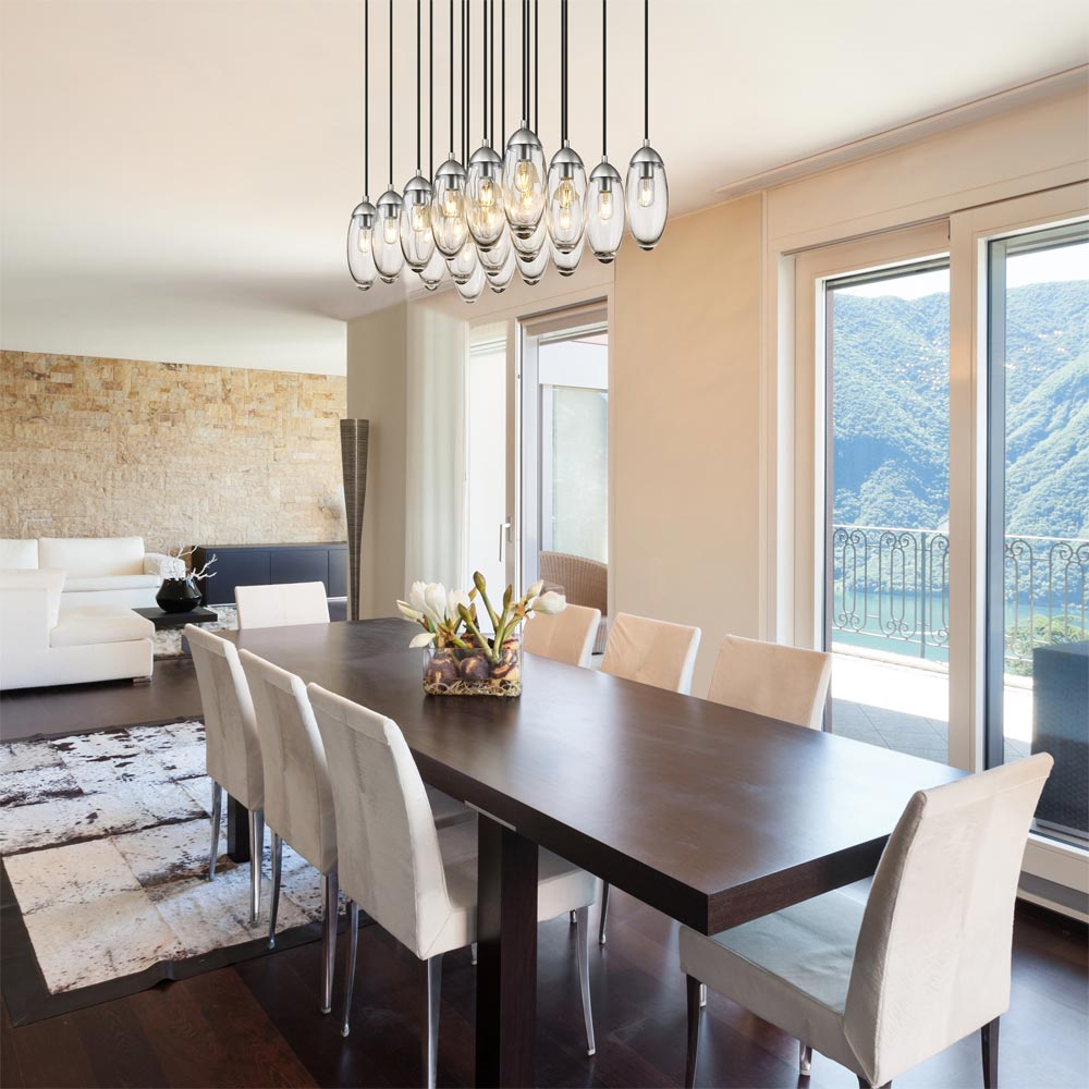 Arden Linear Chandelier in dining room.