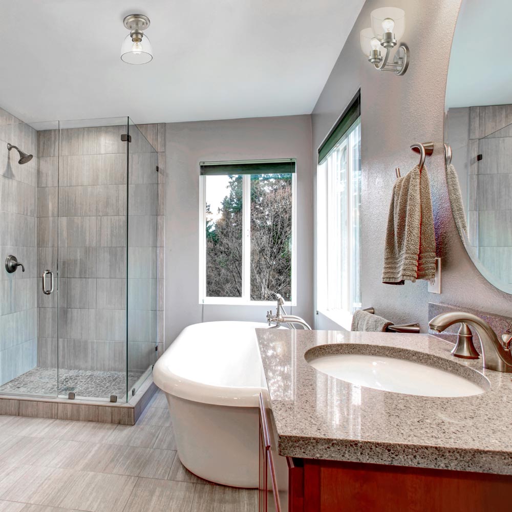 Ashton Semi-Flush Mount Ceiling Light in bathroom.