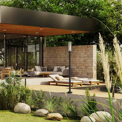 Aura Outdoor Lean Post Light in Outside Area.