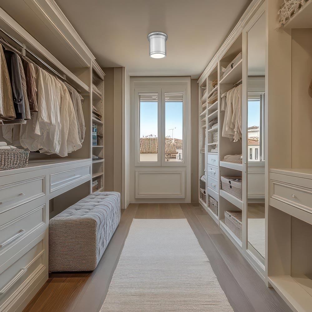Bentley LED Flush Mount Ceiling Light in walk-in closet.