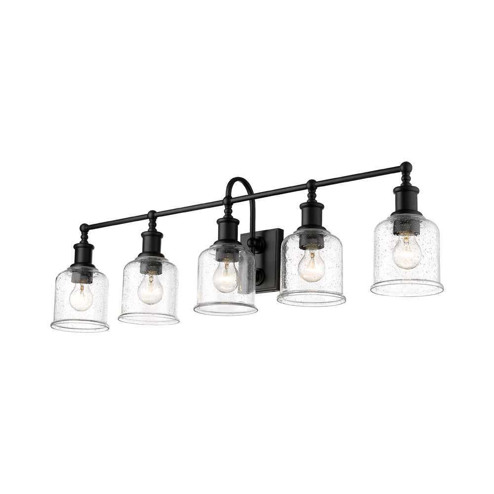Bryant Bath Vanity Light in Matte Black/Clear Seedy (5-Light).