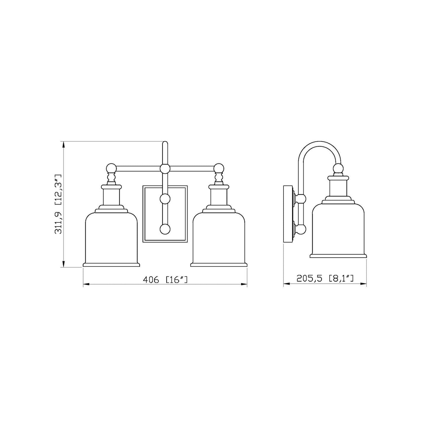 Bryant Bath Vanity Light - line drawing.