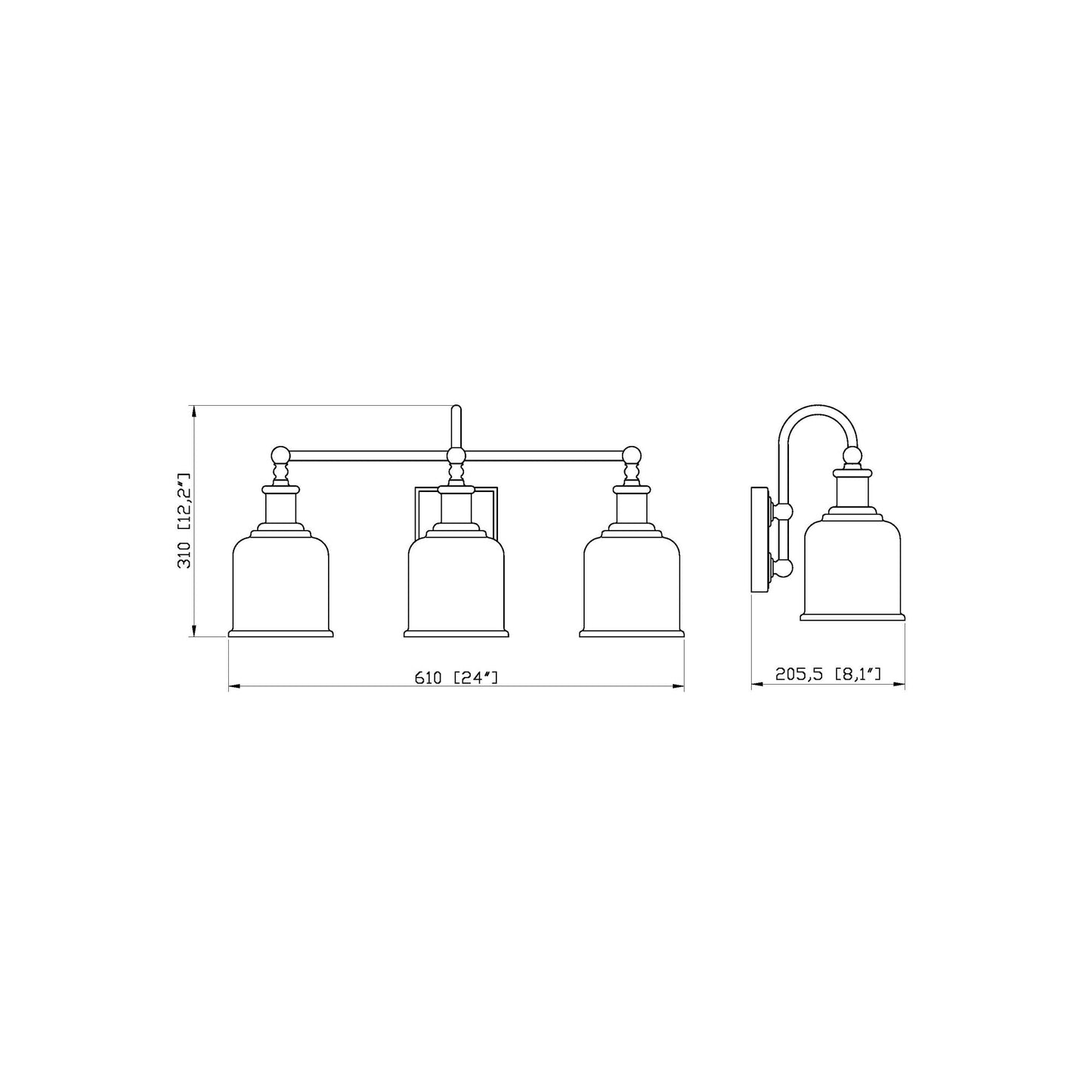 Bryant Bath Vanity Light - line drawing.