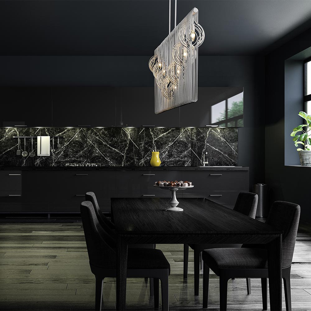 Contour Linear Chandelier in dining room.
