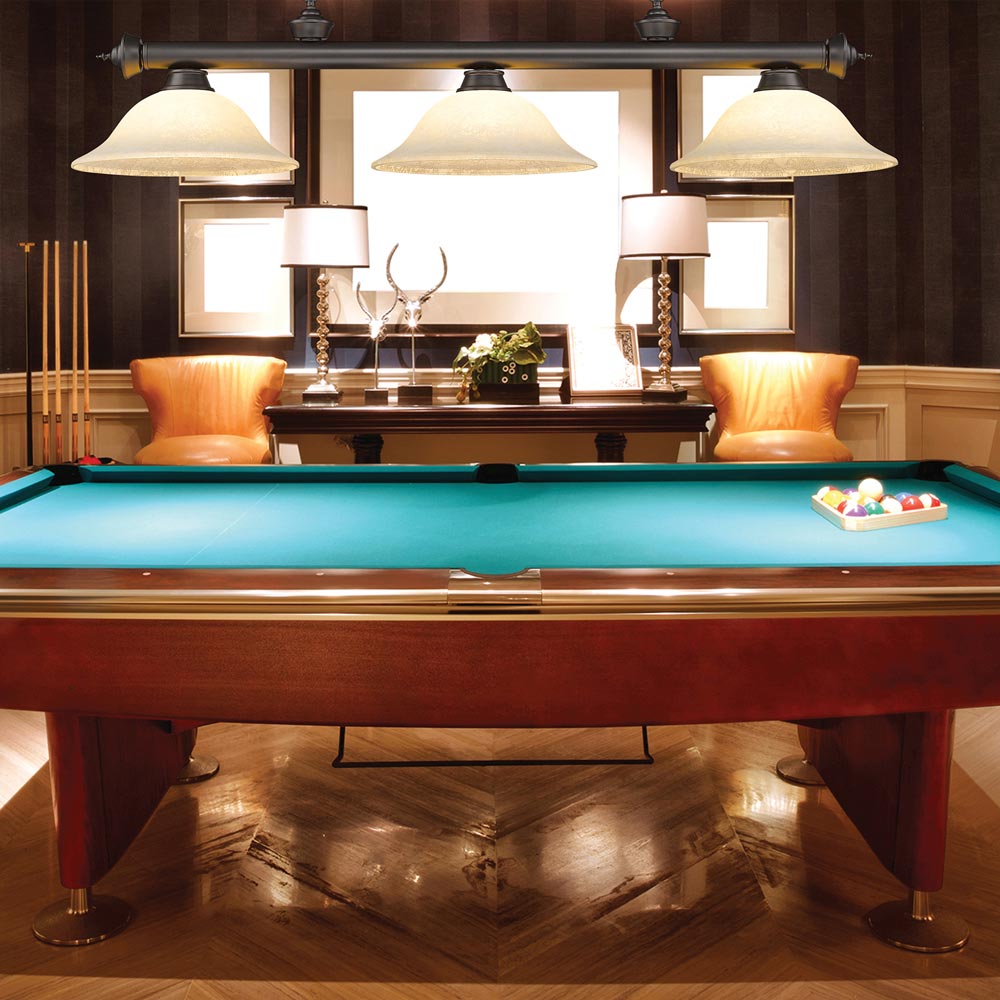 Cordon Bowl Billiard Pendant Light in game room.