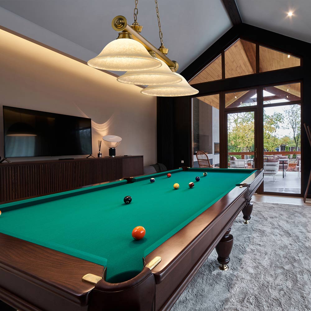 Cordon Bowl Billiard Pendant Light in game room.