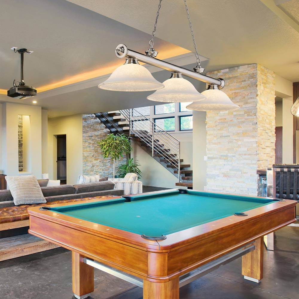 Cordon Bowl Billiard Pendant Light in game room.