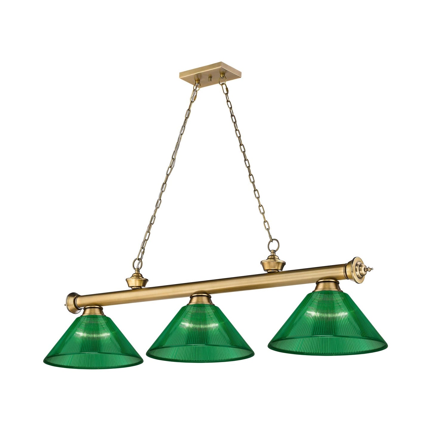 Cordon Cone Billiard Pendant Light in Rubbed Brass/Acrylic Green (3-Light).