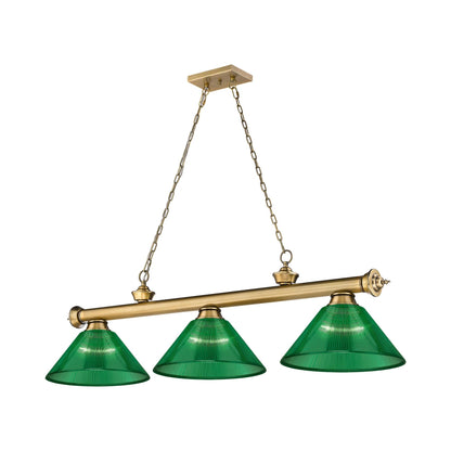 Cordon Cone Billiard Pendant Light in Rubbed Brass/Acrylic Green (3-Light).