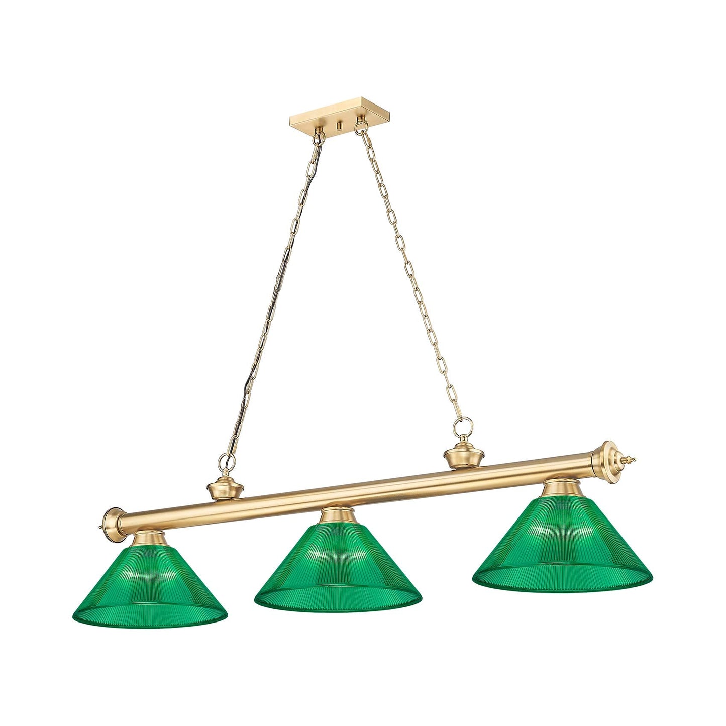 Cordon Cone Billiard Pendant Light in Heritage Brass/Acrylic Green (3-Light).