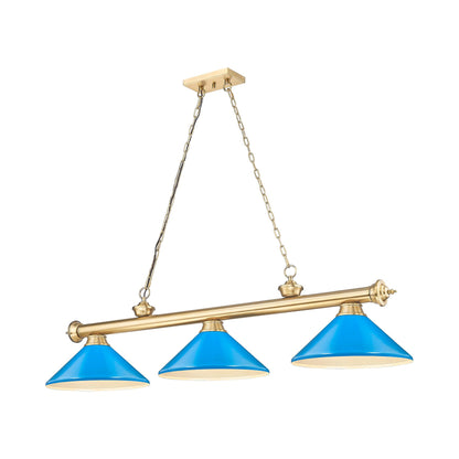 Cordon Cone Billiard Pendant Light in Heritage Brass/Electric Blue (3-Light).