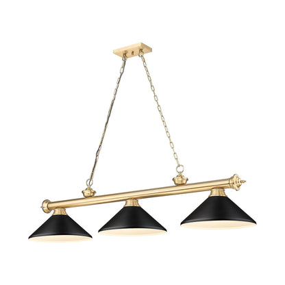 Cordon Cone Billiard Pendant Light in Heritage Brass/Matte Black (3-Light).