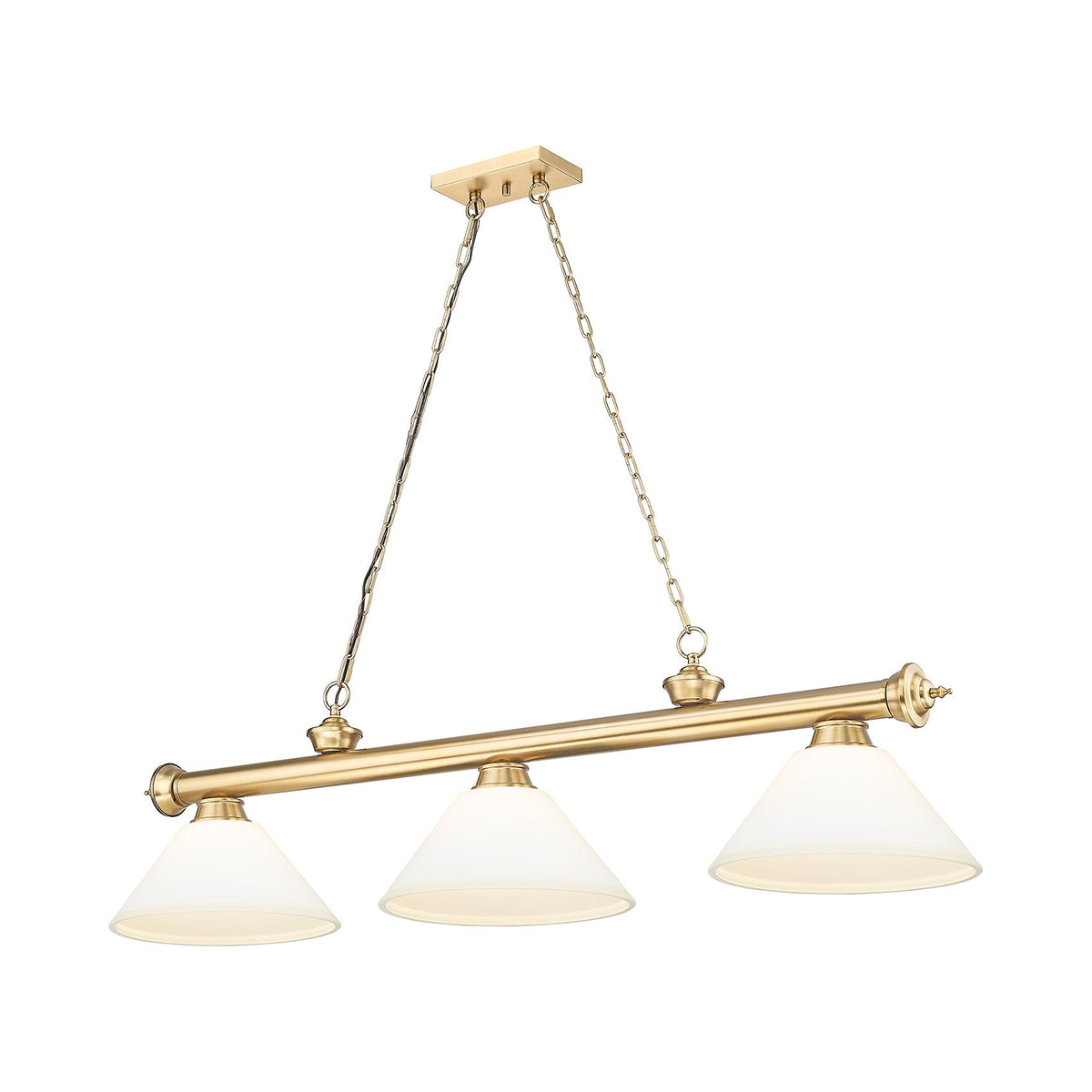 Cordon Cone Billiard Pendant Light in Heritage Brass/Matte Opal (3-Light).