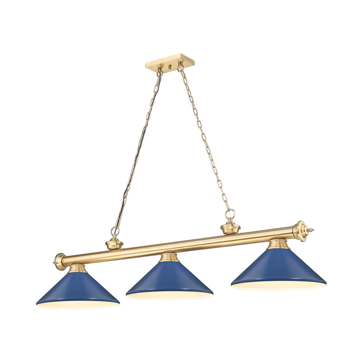 Cordon Cone Billiard Pendant Light in Heritage Brass/Navy Blue (3-Light).