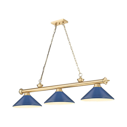 Cordon Cone Billiard Pendant Light in Heritage Brass/Navy Blue (3-Light).