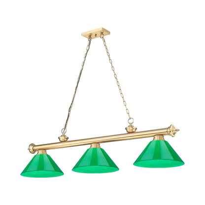 Cordon Cone Billiard Pendant Light in Heritage Brass/Plastic Green (3-Light).