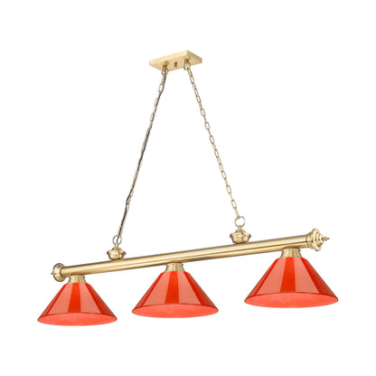 Cordon Cone Billiard Pendant Light in Heritage Brass/Red (3-Light).