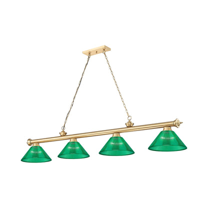Cordon Cone Billiard Pendant Light in Heritage Brass/Acrylic Green (4-Light).