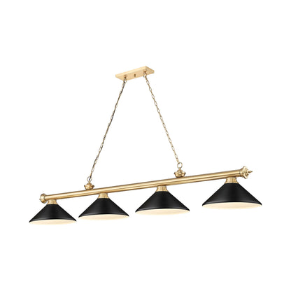 Cordon Cone Billiard Pendant Light in Heritage Brass/Matte Black (4-Light).