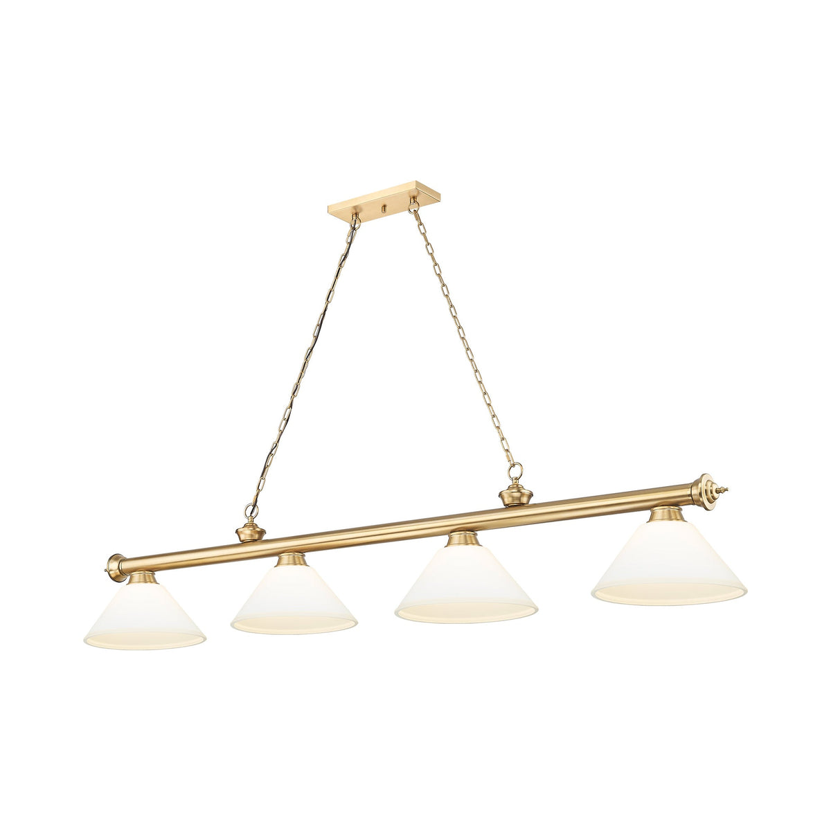 Cordon Cone Billiard Pendant Light in Heritage Brass/Matte Opal (4-Light).