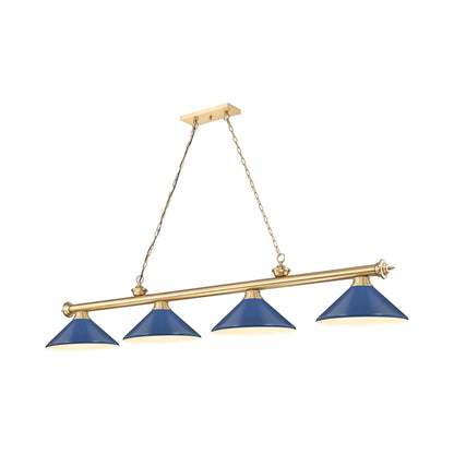 Cordon Cone Billiard Pendant Light in Heritage Brass/Navy Blue (4-Light).