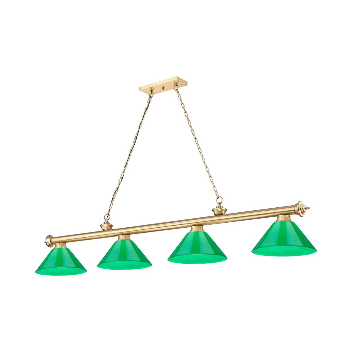 Cordon Cone Billiard Pendant Light in Heritage Brass/Plastic Green (4-Light).