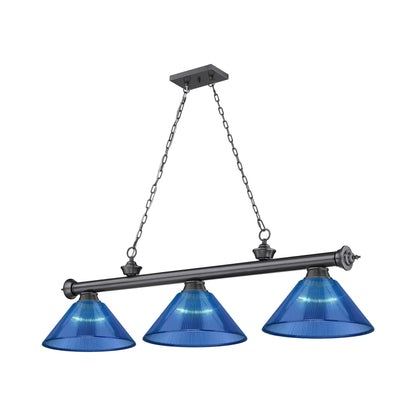 Cordon Cone Billiard Pendant Light in Bronze Plate/Dark Blue (3-Light).