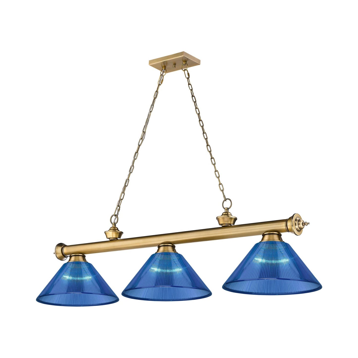 Cordon Cone Billiard Pendant Light in Rubbed Brass/Dark Blue (3-Light).