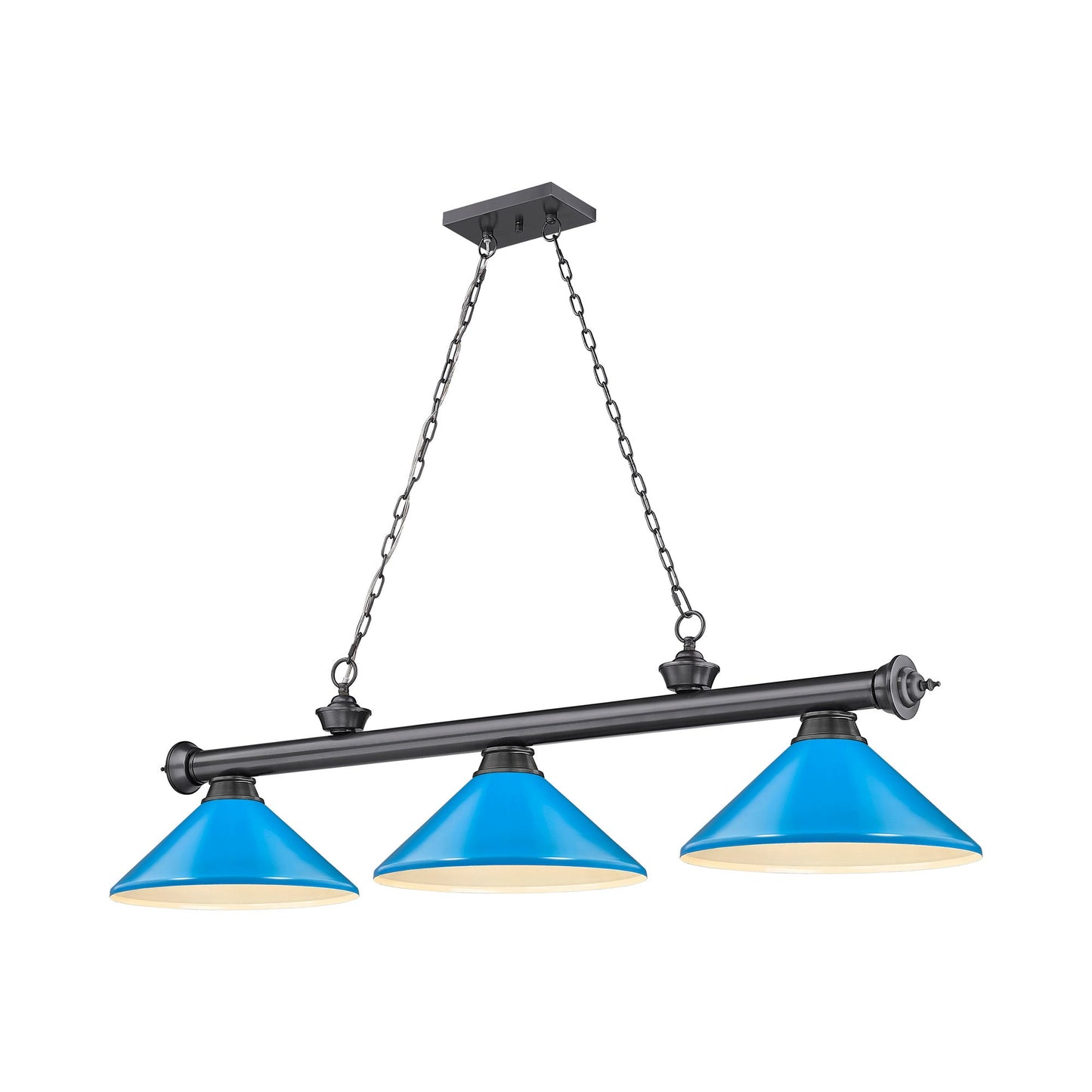 Cordon Cone Billiard Pendant Light in Bronze Plate/Electric Blue (3-Light).